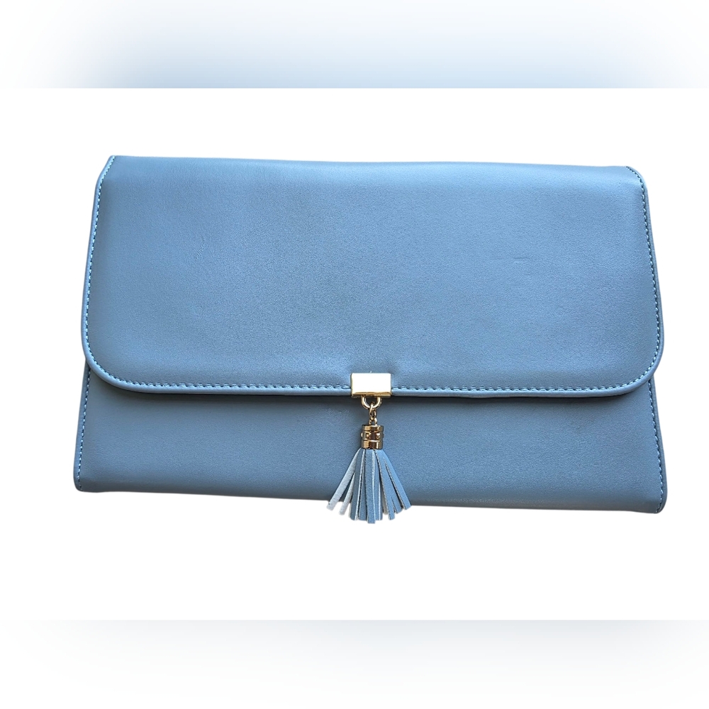 Matein Powder Blue Tassled Jewelry Roll Organizer With Snap Closure EUC